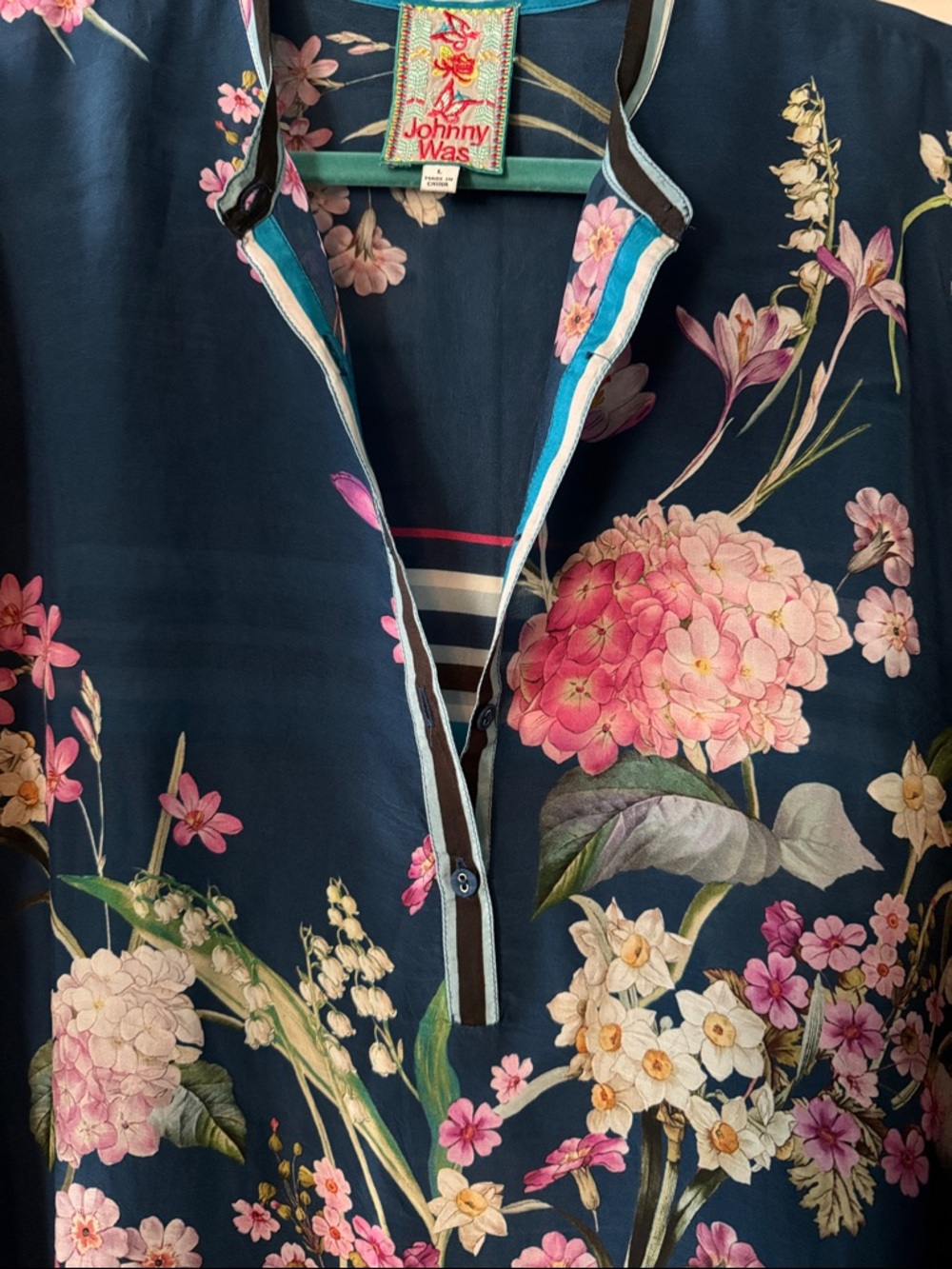 Johnny Was Navy Floral V-Neck Tunic with Pink & White Blooms - Picture 7 of 9
